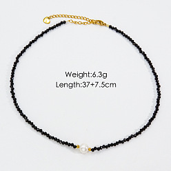 Black Onyx Ожерелья ручной работы из натурального жемчуга и натурального черного оникса (окрашенного и нагретого) и ракушек, ожерелье из нержавеющей стали ювелирные изделия для женщин, 14.57 дюйм (37 см)