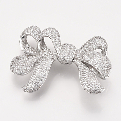 Platinum Brass Micro Pave Cubic Zirconia Pendants, Cadmium Free & Lead Free, Multi-strand Links, Bowknot, Platinum, 54x40x15mm, Hole: 1.5mm