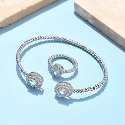 Прозрачный Овальные латунные браслеты-манжеты и кольца с микропаве из кубического циркония для женщин, стойки покрытие, платина, прозрачные, браслет: 3~11.5ширина мм, 61x52 мм внутренним диаметром