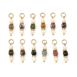 Golden Natural Mixed Stone and Pearl Beaded Pendants, Faceted Cube Charms with 304 Stainless Steel Loops, Mixed Dyed and Undyed, Mixed Color, Golden, 18.5x4.5x4.5mm, Hole: 3.5mm
