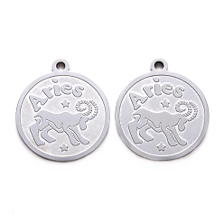 Aries Non-Tarnish 201 Stainless Steel Pendants, Flat Round with Twelve Constellation, Laser Cut, Stainless Steel Color, Aries, 25x22x1.5mm, Hole: 2mm