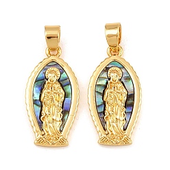 Настоящее золото 18K Латунные подвески с натуральными ракушками пауа, прелести девы марии, реальный 18 k позолоченный, 25x12.5x2.8 мм, отверстие : 3.5x6 мм