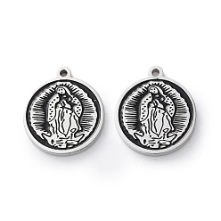 Черный 304 из нержавеющей стали шармы эмали, цвет нержавеющей стали, плоский круглый с девственной мариной, чёрные, 14.5x13x1.5 мм, отверстие : 1 мм