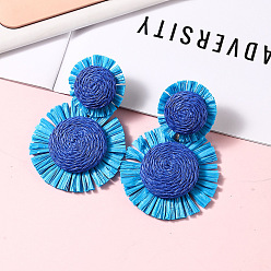 Королевский синий Серьги-гвоздики из рафии в богемном стиле, цветок, королевский синий, 70x45 мм