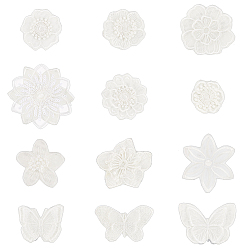Белый 12шт 12 стиль компьютеризированной вышивки кружева самоклеющиеся/пришивные заплатки, аксессуары для костюма, аппликация, бабочки и цветы, белые, 33~71x35~71x1~2.5 мм, 1 шт / стиль