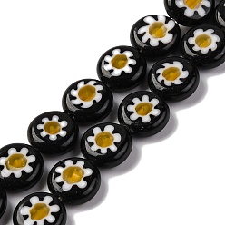 Черный Handmade millefiori lampwork beads strands, плоско-круглые, чёрные, 10x3.5 мм, отверстие : 0.8 мм, около 38 шт / нитка, 14.65'' (37.2 см)