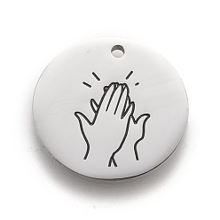 High Five Non-Tarnish 316 Surgical Stainless Steel Pendants, ASL Pendants, Flat Round with Gesture Language, Stainless Steel Color, High Five, 25x2mm, Hole: 2mm