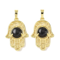 Обсидиан Природные подвески обсидиана, латунные полые хамса ручные амулеты, стойки покрытие, без кадмия и без свинца, золотые, 33x22x6.5 мм, отверстие : 7.5x5 мм