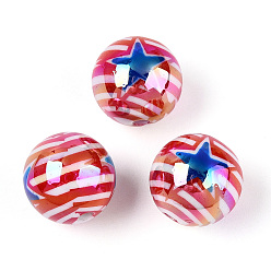 Малиновый Непрозрачные акриловые бусины с принтом на тему Дня независимости, круглый со звездой и полосой, AB цвет, малиновый, 15.9 мм, отверстие : 2.8 мм