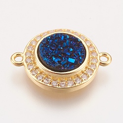 Морской Синий Латунные микро проложить кубических ссылки циркония, с друзу смолой кабошон, плоско-круглые, золотые, Marine Blue, 17x13x3~5 мм, отверстие : 1.2 мм