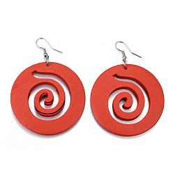 Красный Модный плоский круглый лес мотаться, С крючками серьги из сплава платины, красные, 69~71x49~50 мм , штифт: 0.8 мм