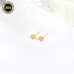 Настоящее золото 18K 304 Круглые серьги-гвоздики из нержавеющей стали с кубическим цирконием для женщин, реальный 18 k позолоченный, 5x5 мм