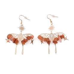 Красный Агат Натуральные сердоликовые чипсы свисают серьги, Богемные полые бабочки из латуни для женщин, 75x46 мм