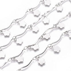 Нержавеющая Сталь Цвет Устойчивые к потускнению 304 цепи ручной работы из нержавеющей стали с зубчатыми звеньями, пайки, с цветочными подвесками и карточной бумагой, цвет нержавеющей стали, стержневая связь: 16x2x3 мм, Цветок: 8x6x0.5 мм, около 16.4 футов (5 м) на карту