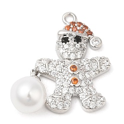 Platinum Rack Plating Brass Pave Cubic Zirconia Pendants, with Plastic Pearl, Long-Lasting Plated, Cadmium Free & Lead Free, Gingerbread Man, Platinum, 21.5x20.5x7mm, Hole: 1.2mm