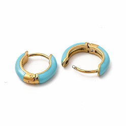 Dark Turquoise Enamel Hoop Earrings, Real 18K Gold Plated 316 Surgical Stainless Steel Jewelry for Women, Dark Turquoise, 13x14x3mm, Pin: 1mm