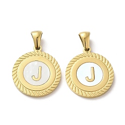Letter J Ионное покрытие (ip) 304 подвески из нержавеющей стали, плоские круглые подвески-ракушки с буквой, золотые, буква J, 20.5x17.5x1.5 мм, отверстие : 2.5x4.5 мм
