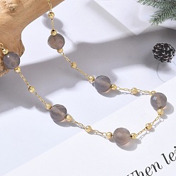 Grey Agate Natural Grey Agate Faceted Flat Round Beaded Chain Necklaces with Matte Brass Beads, 304 Stainless Steel Jewelry for Women, Golden, Long-Lasting Plated, 25.16 inch(63.9cm)