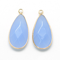 Light Sky Blue Natural White Jade Pendants, with Golden Tone Brass Findings, Faceted, teardrop, Dyed, Light Sky Blue, 32.5~33x16x6mm, Hole: 2.5mm