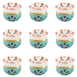 Голубой 9шт. фарфоровые бусины ручной работы с принтом, Lucky Cat, голубой, 13x14x11 мм, отверстие : 2 мм