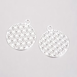Silver Brass Pendants, Filigree Pendants, Flat Round, Silver Color Plated, 23.5x20x0.6mm, Hole: 3mm