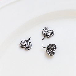 Gunmetal Brass Pave Clear Glass Heart Pins, for Baroque Pearl Making, Gunmetal, 10x8mm