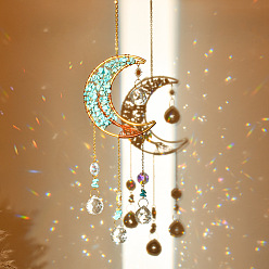 Синтетическая Бирюза Синтетическая бирюзовая стружка и латунная луна, подвесная подвеска в виде ловца солнца, украшение, хрустальные стеклянные призматические подвески в форме капли, 320x85 мм