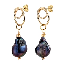 Prussian Blue Brass Dangle Stud Earrings, with Ear Nuts, 925 Sterling Silver Pins, Natural Baroque Pearl Keshi Pearl Beads and Cardboard Boxes, Golden, Prussian Blue, 39~43x14mm, Pin: 0.8mm