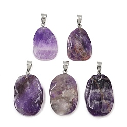 Аметист Подвески из натурального аметиста , овальные подвески с железными застежками-кнопками, платина, 29~35.5x19~23.5x5.5~6.5 мм, отверстие : 7.5x4.5 мм