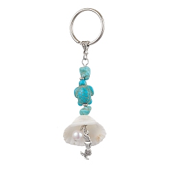 Turquoise Synthetic Turquoise Keychain, with Tibetan Style Alloy Pendants and Shell Pendants, Mermaid, Turquoise, 10cm