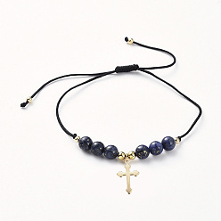 Ляпис-Лазурь Регулируемые плетеные браслеты из бисера, с натуральными бусинами лазурита (окрашенными), Нейлоновая нить, позолоченные 304 подвески из нержавеющей стали и латунные бусины, крестик, 5/8 дюйм ~ 3 дюйм (1.5~7.5 см)