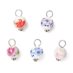 Платина Подвески из фарфора и керамики с цветочным принтом ручной работы, с фурнитурой железной и сплавочной, круглые, платина, 17.5x10.5 мм, отверстие : 4 мм