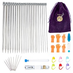 Mixed Color Knitting Tool Set, with Single Pointed Stainless Sweater Needles, Scissor, Knitting Stitch Markers, Measure Tape, Needles Point Protectors, Tube and Large-eye Blunt Needles, Flannelette Bag, Mixed Color, 290x200mm