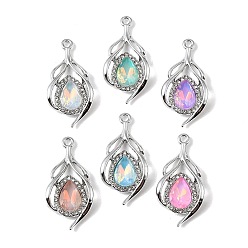 Platino Colgantes de vidrio de aleación de chapado uv, encanto de lágrima, con diamante de imitación, facetados, color mezclado, Platino, 32x15.5x4 mm, agujero: 1.8 mm