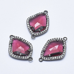 Темно-Красный Латунные микро проложить кубических ссылки циркония, со стеклом, граненые, слеза, металлический черный , темно-красный, 27x18x4.5 мм, отверстие : 1.4 мм