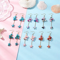 Золотой 6 пары сережек-подвесок из синтетической бирюзы, морская звезда, с 304 нержавеющей сталью и латунью, золотые, 77.5x21.5 мм