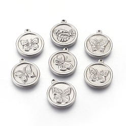 Stainless Steel Color Non-Tarnish 304 Stainless Steel Pendants, Flat Round with Butterfly, Stainless Steel Color, 15x2.5mm, Hole: 1~1.2mm