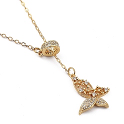 Golden Brass Micro Pave Clear Cubic Zirconia Lariat Necklaces, with Spring Ring Clasps, Butterfly, Golden, 18.31 inch(16.5cm)