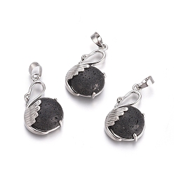 Лавовый камень Подвески из натуральной лавы, с латунной фурнитурой платинового цвета, лебедь, 30.8x18.8x8.5 мм, отверстие : 7x5 мм