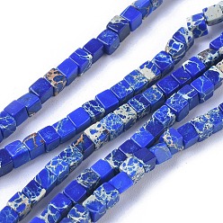 Blue Natural Imperial Jasper Beads Strands, Dyed, Cube, Blue, 3~3.3x3~3.3x3~3.3mm, Hole: 0.6mm, about 125pcs/strand, 15.07 inch~15.35 inch(38.3~39cm)
