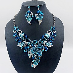 Синий Циркон Комплекты ожерелий и серег из сплава со стразами и стеклом для женщин, цветок и листья, синий циркон, 400 мм