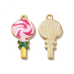 Pink Alloy Enamel Pendants, Golden, Lollipop Charm, Pink, 24x12x2mm, Hole: 1.5mm