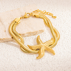 Морская звезда 304 многослойные браслеты из нержавеющей стали, браслеты из змеиной цепи для женщин, со стразами, золотые, морская звезда, 6-3/4 дюйм (17.3 см), морская звезда: 31z33mm