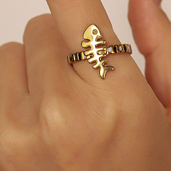 Black 304 Stainless Steel Cuff Open Rings for Women, Fishbone, with Enamel, Real 18K Gold Plated, Black, US Size 4 1/4(15mm)~20mm