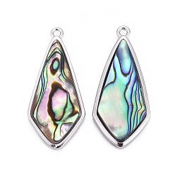 Platinum Natural Abalone Shell/Paua Shell Pendants, with Brass Findings, Kite, Platinum, 30x13.5x4mm, Hole: 1.4mm
