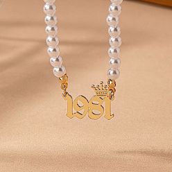 Number Женские ожерелья из круглого белого бисера с имитацией жемчуга и подвеской в виде короны в виде года рождения, золотые, число 1981, 14.96 дюйм (38 см)