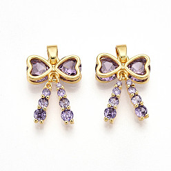 Средний Фиолетовый Латунные микро проложить кубического циркония подвески, без кадмия и без свинца, бантом прелести, реальный 18 k позолоченный, средне фиолетовый, 17.5x13x4.5 мм, отверстие : 5x2.5 мм