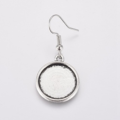 Argent Antique Boucle d'oreille en alliage crochets, avec des réglages de cabochon de fer, plat rond, argent antique, Plateau: 16 mm, 39mm, pendentif: 22x19x1.5 mm, Jauge 21, pin: 0.7 mm