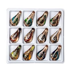 (52) Непрозрачная лаванда Ручной золотой песок Lampwork большие кулоны, слеза, разноцветные, 60x33x16 мм, отверстия: 7 мм, 12 шт / коробка