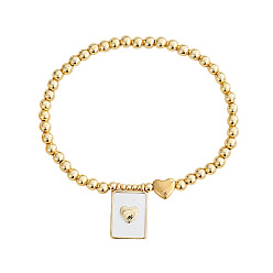Golden Rectangle with Heart 304 Stainless Steel Charm Bracelets, Round Brass Beads Stretch Bracelets for Women, Golden, 6.89 inch(17.5cm)